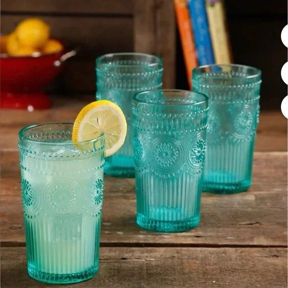 The Pioneer Woman Adeline 16-Ounce Teal Emboss Glass Tumblers, Set of 4 - Picture 1 of 6